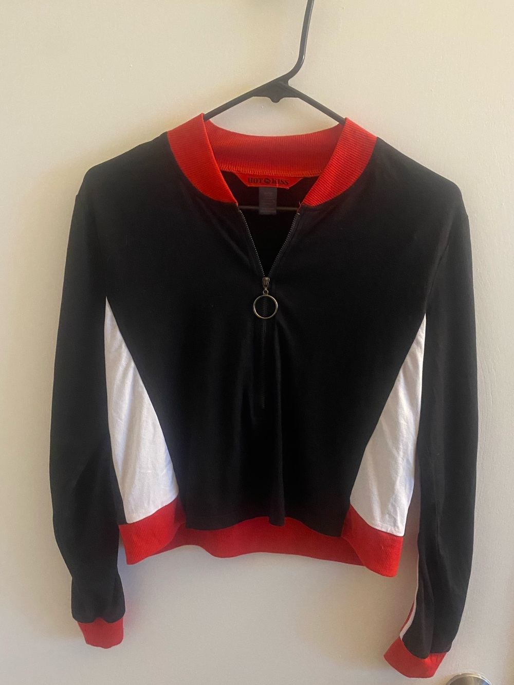 Kiss Black Zip Pullover with Red Trim and White Panels